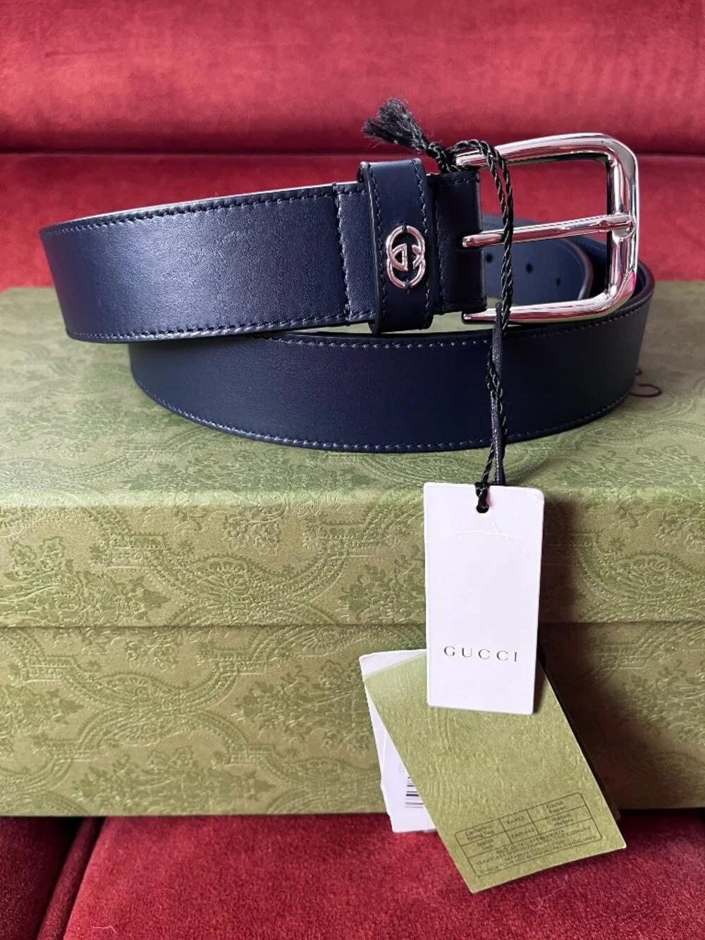 New Gucci Men's Leather Belt Navy Dark Blue Interlocking G detail Size 105 / 41